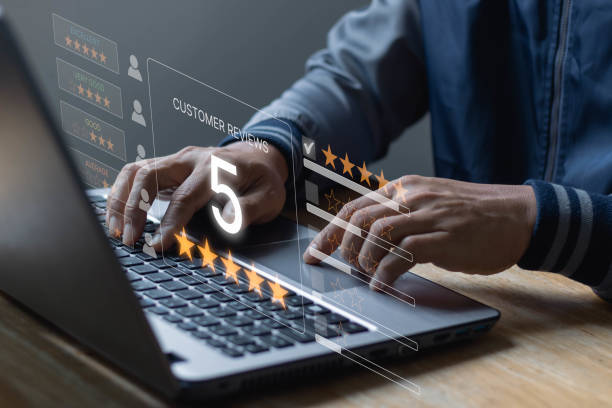 istock Customer review satisfaction feedback survey concept. Businessman, customer, client or user give rating to service experience on online web application for Customer review satisfaction feedback survey 1419229953
