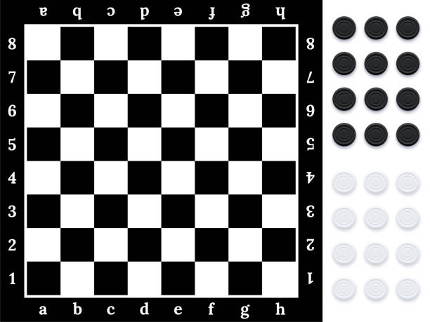 바둑판, 상단보기 벡터 일러스트레이션. 흑백 둥근 칩이있는 3d 사실적인 레이어, 바둑판 패턴이있는 나무 테이블로 가족이나 친구들과 경쟁 게임을합니다. - chess playing field stock illustrations