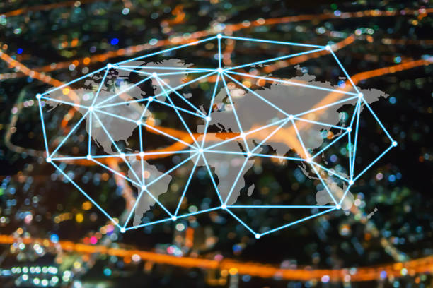 istock Big data connections. IOT - internet of things. Future technology digital concept on blurred abstract background of world map night city scape 1419232224