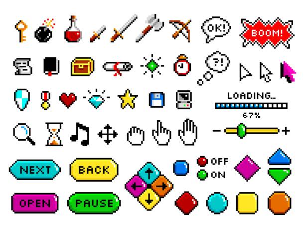 Pixel game elements. Knight sword, loading start pause 8 bit gaming icons. Retro pixels digital art symbols. Isolated cursors, bomb, level heart tidy vector set Pixel game elements. Knight sword, loading start pause 8 bit gaming icons. Retro pixels digital art symbols. Isolated cursors, bomb, level heart tidy vector set of game pixel element pixel icon set stock illustrations