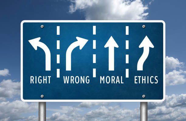 Decision between right wrong moral and ethics - road sign concept stock photo