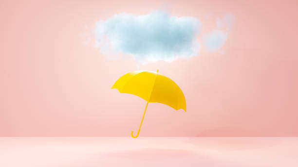 istock Blue cloud float on yellow umbrella in pink room. 1419237097