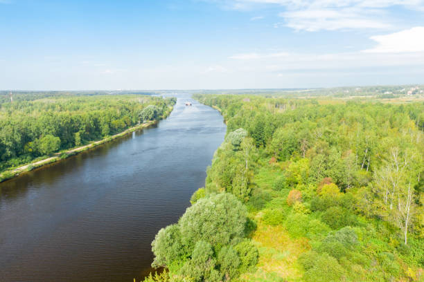istock Top view of a water channel and a moving barge 1419239067
