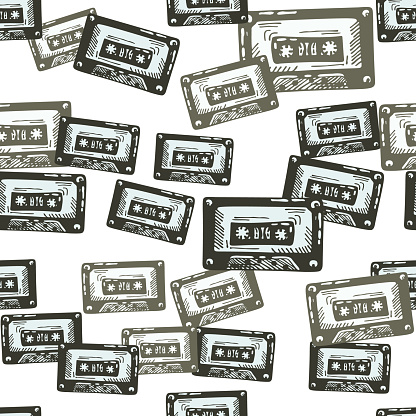 Audio cassette tape engraved seamless pattern. Vintage music cassette tape in hand drawn style.
