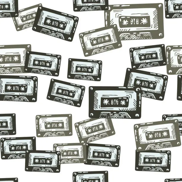 Vector illustration of Audio cassette tape engraved seamless pattern. Vintage music cassette tape in hand drawn style.