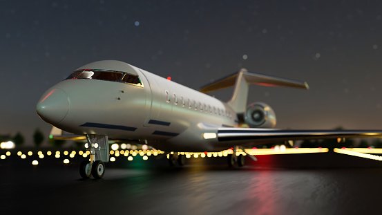 Airplane or private jet is on the airport runway at night. Airplane taking off the airport at night. side view. 3d rendering, 3d illustration