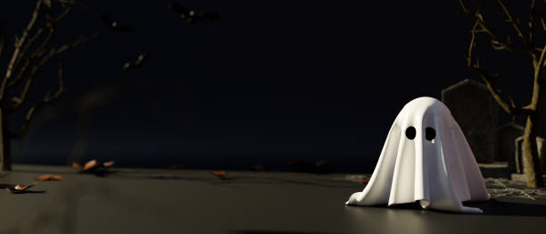 istock Halloween background with white ghost and copy space on black background. 1419241373