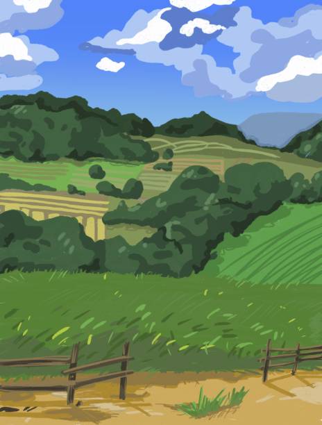 istock nature, fields and village morning cartoon illustration. High quality illustration 1419242237