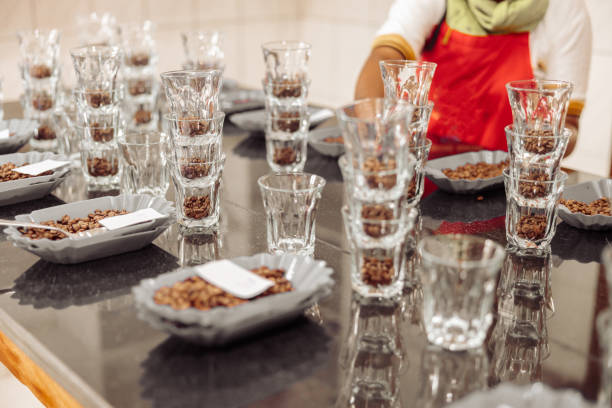 istock Water glasses and bowls with coffee particles for tasting 1419244767
