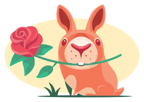 Vector illustration of rabbit holding flower