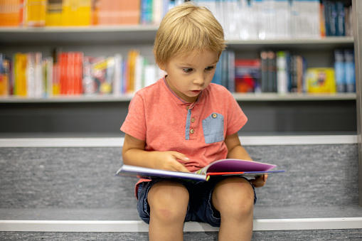 Cute preschool child, sitting in a bookstore, looking at books on summer day