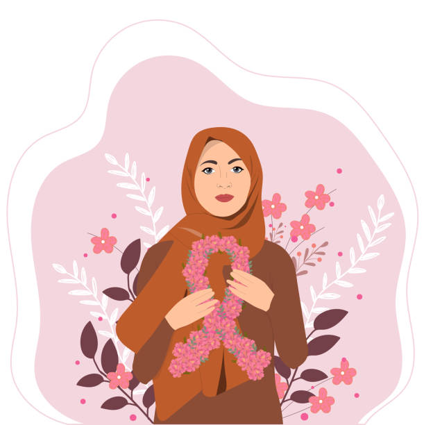 ilustraciones, imágenes clip art, dibujos animados e iconos de stock de mujer musulmana sosteniendo cinta de concientización - breast cancer awareness