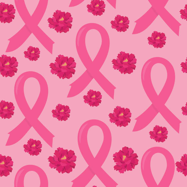 ilustraciones, imágenes clip art, dibujos animados e iconos de stock de cinta de color rosa patrón sin costuras - breast cancer awareness