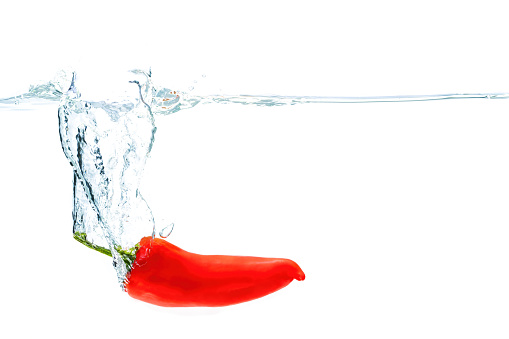 Red chilli dropped in water with splashes isolated on white background.