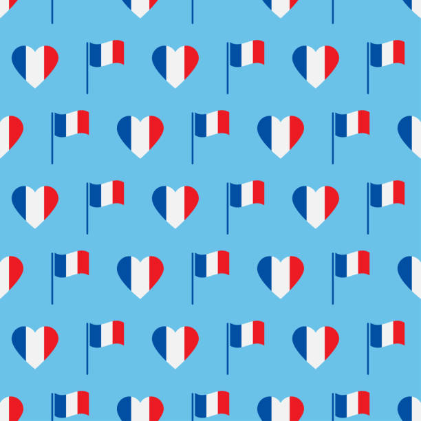 flagge frankreich nahtloses muster. symbol herz in der nationalfarbe frankreich. frankreich muster mit buntem herzen, flagge. patriotisches design für den druck auf tapeten, geschenkpapier, stoff. vektor-illustration - insignia campaign button france french culture stock-grafiken, -clipart, -cartoons und -symbole