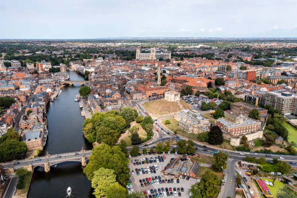 aerial landscape panorama of the river ouse and a york cityscape skyline - english culture medieval church built structure imagens e fotografias de stock