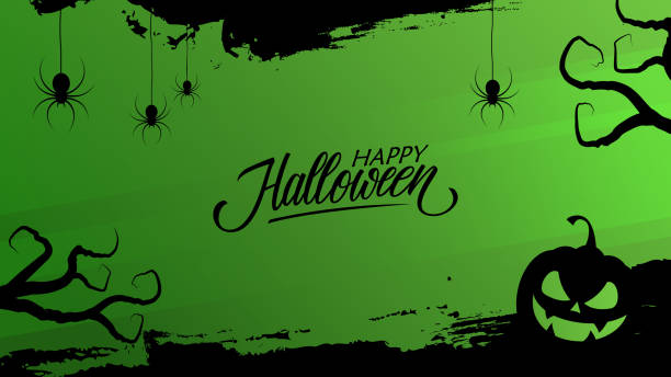 spanduk perayaan halloween dengan tulisan tangan selamat halloween dan sapuan kuas hitam. warna hijau dan hitam. - halloween ilustrasi stok