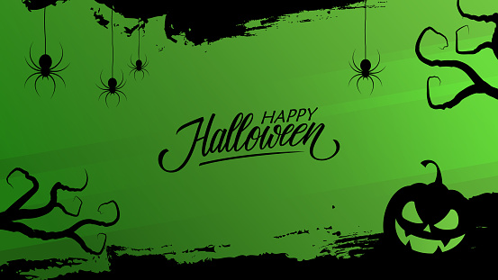 Halloween celebration banner with hand lettering Happy Halloween and black brush strokes. Green and black color. Vector illustration.