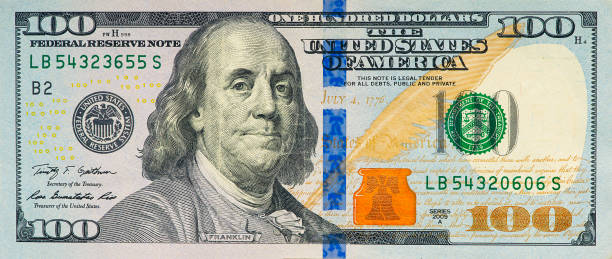 large fragment of 100 hundred dollars bill banknote. old american money banknote, vintage retro, usd - 一百美元鈔票 圖片 個照片及圖片檔
