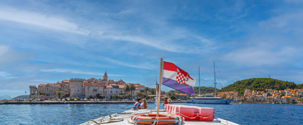 view from the sea of the medieval town korkula, croatia - birthplace imagens e fotografias de stock