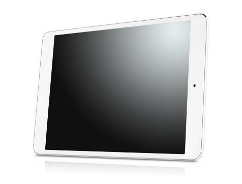 white digital tablet standing at an angle on a white isolated background, side view