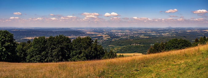 A tranquil view of surrounding countryside from the top of a hill near Teversal in Nottinghamshire, England.