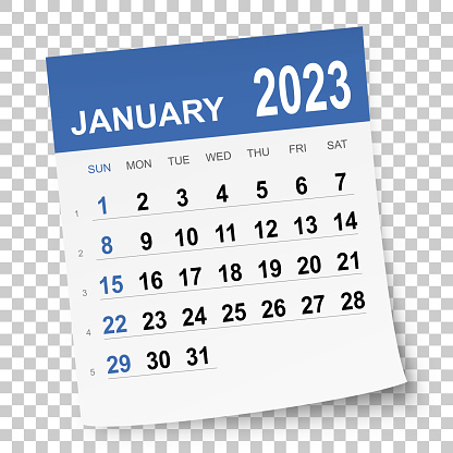 January 2023 calendar isolated on a blank background. Need another version, another month, another year... Check my portfolio. Vector Illustration (EPS file, well layered and grouped). Easy to edit, manipulate, resize or colorize. Vector and Jpeg file of different sizes.