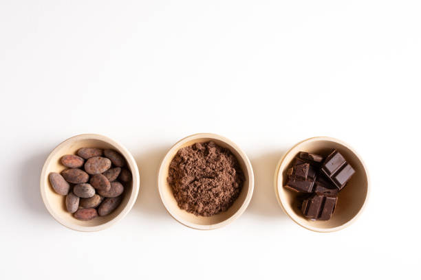 istock Cocoa beans, ground cocoa and chocolate in wooden plates on a white background 1419255428