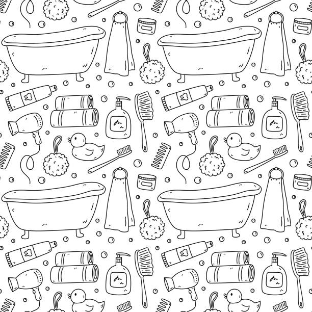 Seamless pattern with bath accessories - shampoo, shower puff, towels, toothpaste, toothbrush, hair dryer,  bathtub. Vector hand-drawn illustration in doodle style. Perfect for print, wrapping paper. Seamless pattern with bath accessories - shampoo, shower puff, towels, toothpaste, toothbrush, hair dryer,  bathtub. Vector hand-drawn illustration in doodle style. Perfect for print, wrapping paper. toothbrush toothpaste backgrounds beauty stock illustrations