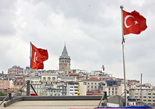 street of Eminonu, a former district of Istanbul, Turkey, with the Galata Tower