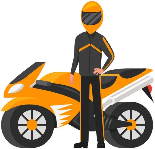 Vector illustration of Motorcyclist in helmet and protective suit stands near motorcycle, extreme sports bike, motorbike