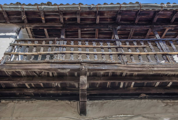Beautiful wooden old balconie on traditional house in Bansko, Bulgaria