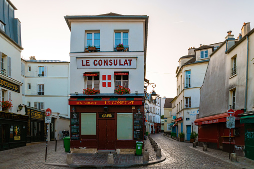 Paris France September 2021, Streets of Montmartre in the early morning with cafes and restaurants, and colorful street views. La Maison Rose cafe restaurant at Montmarte.