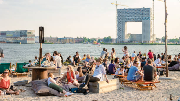 ndsm wharf amsterdam city art community, amsterdam noord center for underground culture in amsterdam - old crane blue sky imagens e fotografias de stock