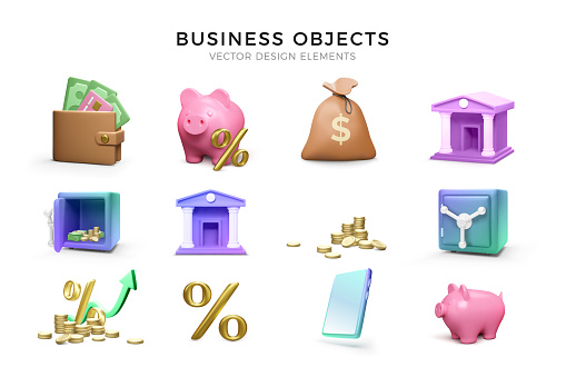 3D render business icons set. Wallet and piggy bank with gold percent, stack of coins and strong box, money bag and mobile phone. Bank icon. Vector illustration