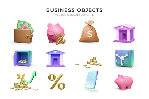 3D render business icons set. Wallet and piggy bank with gold percent, stack of coins and strong box, money bag and mobile phone 3D render business icons set. Wallet and piggy bank with gold percent, stack of coins and strong box, money bag and mobile phone. Bank icon. Vector illustration currency us paper currency dollar one dollar bill stock illustrations