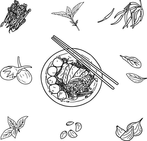 pad thai smażony makaron ryżowy lokalne jedzenie tajlandii, ręcznie rysuj wektor szkicu. z pałeczką i składnikami lub zestawem surowców. płaska kreskówka autorstwa ilustracja wektorowa izoluje na białym. - thai culture food ingredient set stock illustrations