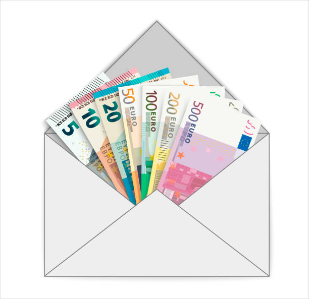Envelope with 5, 10, 20, 50, 100, 200 and 500 Euro banknotes on white background Envelope with 5, 10, 20, 50, 100, 200 and 500 Euro banknotes on white background banknote euro close up stock illustrations