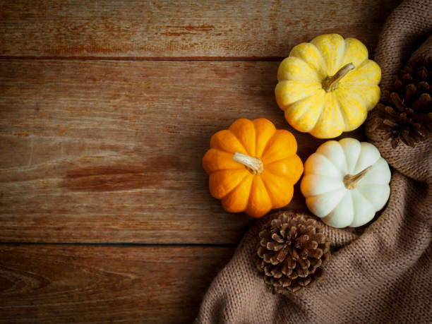istock Decorative pumpkins top view on wooden table 1419264705