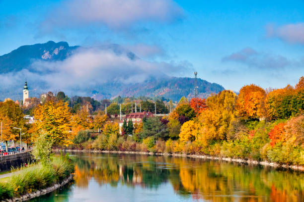 Foliage Autumn foliage on the banks of the river Drau, Villach, Austria villach stock pictures, royalty-free photos & images