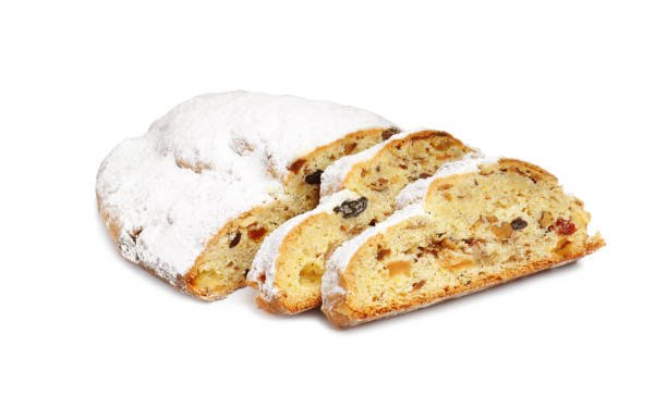 istock Traditional Christmas Stollen with icing sugar on white background 1419266465