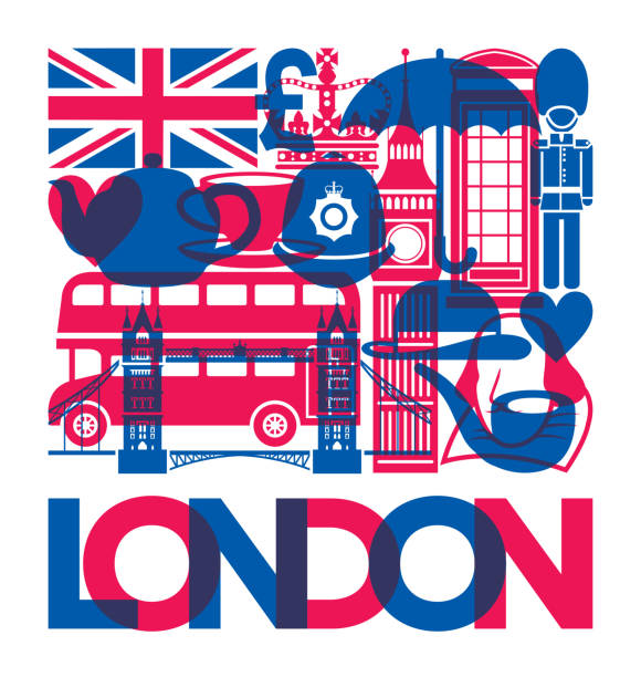 London Icons British Culture Travel Background retro Effect Vector illustration of famous London icons with overlap, overprint, multi-exposure, retro effect. British travel background. city of london flag stock illustrations