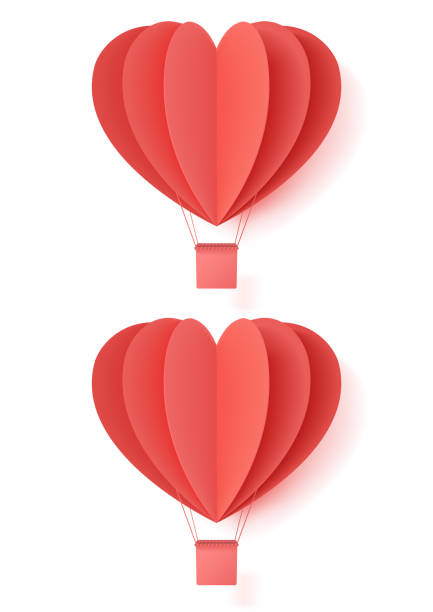 행복한 발렌타인 데이 벡터 일러스트 레이 션 디자인 두 종이 컷 빨간 심장 모양 종이 접기는 흰색 배경으로 날아 다니는 열기구를 만들었습니다. 종이 예술과 디지털 공예 스타일 - valentines day two dimensional shape heart shape love stock illustrations