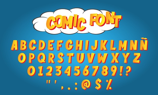 Comic style alphabet letters and numbers for titles, headlines, posters, comic or banners. Cartoon typographic font