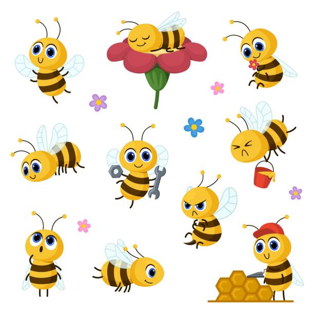 süße cartoon-biene. honig und bienen kinderfiguren serie. honigbiene lustige arbeit, glückliches tolles maskottchen insektenflug und traum mit blume, grelles vektortier - lustige biene stock-grafiken, -clipart, -cartoons und -symbole