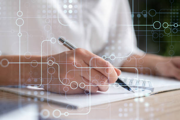 istock Businesswoman is writing down some ideas to create innovative software to change the world and provide a completely new service. Close up shot. Hologram tech graphs. Concept of Dev team. Formal wear. 1419275265