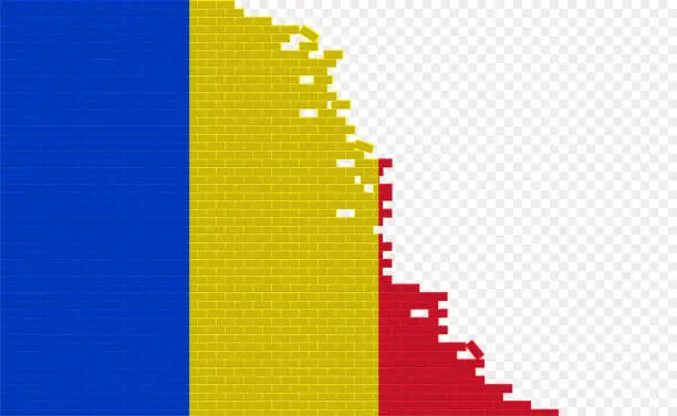 Vector illustration of Romania flag on broken brick wall.