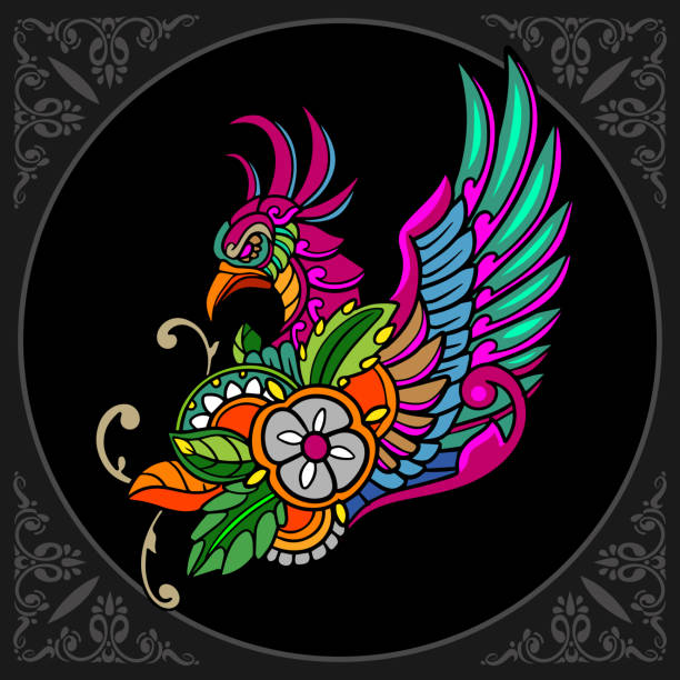 illustrazioni stock, clip art, cartoni animati e icone di tendenza di arti colorate dell'uccello della fenice isolate su priorità bassa nera - phoenix wing bird peacock