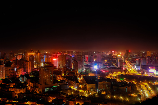 Looking north at Renmin (people's) blvd and the rail station. Changchun City. Jilin Province. Northeastern China