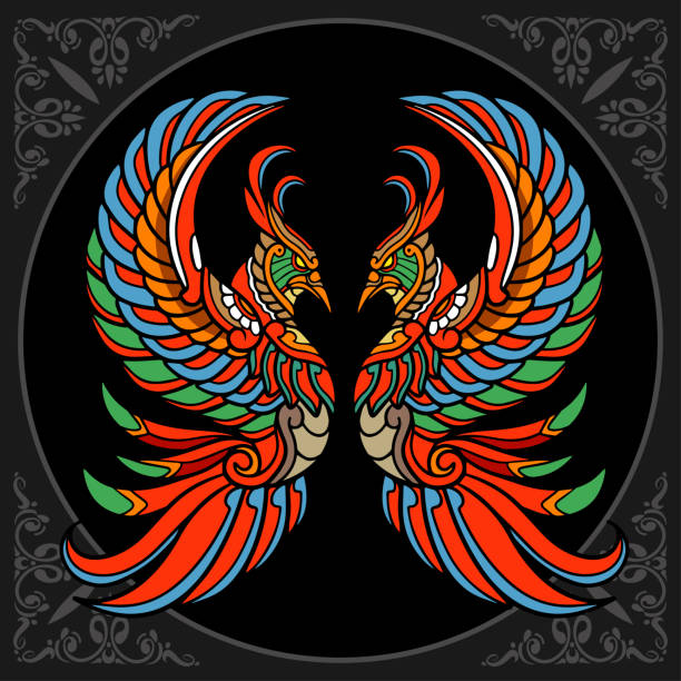 illustrazioni stock, clip art, cartoni animati e icone di tendenza di colorate arti degli uccelli di phoenix isolate su sfondo nero - phoenix wing bird peacock